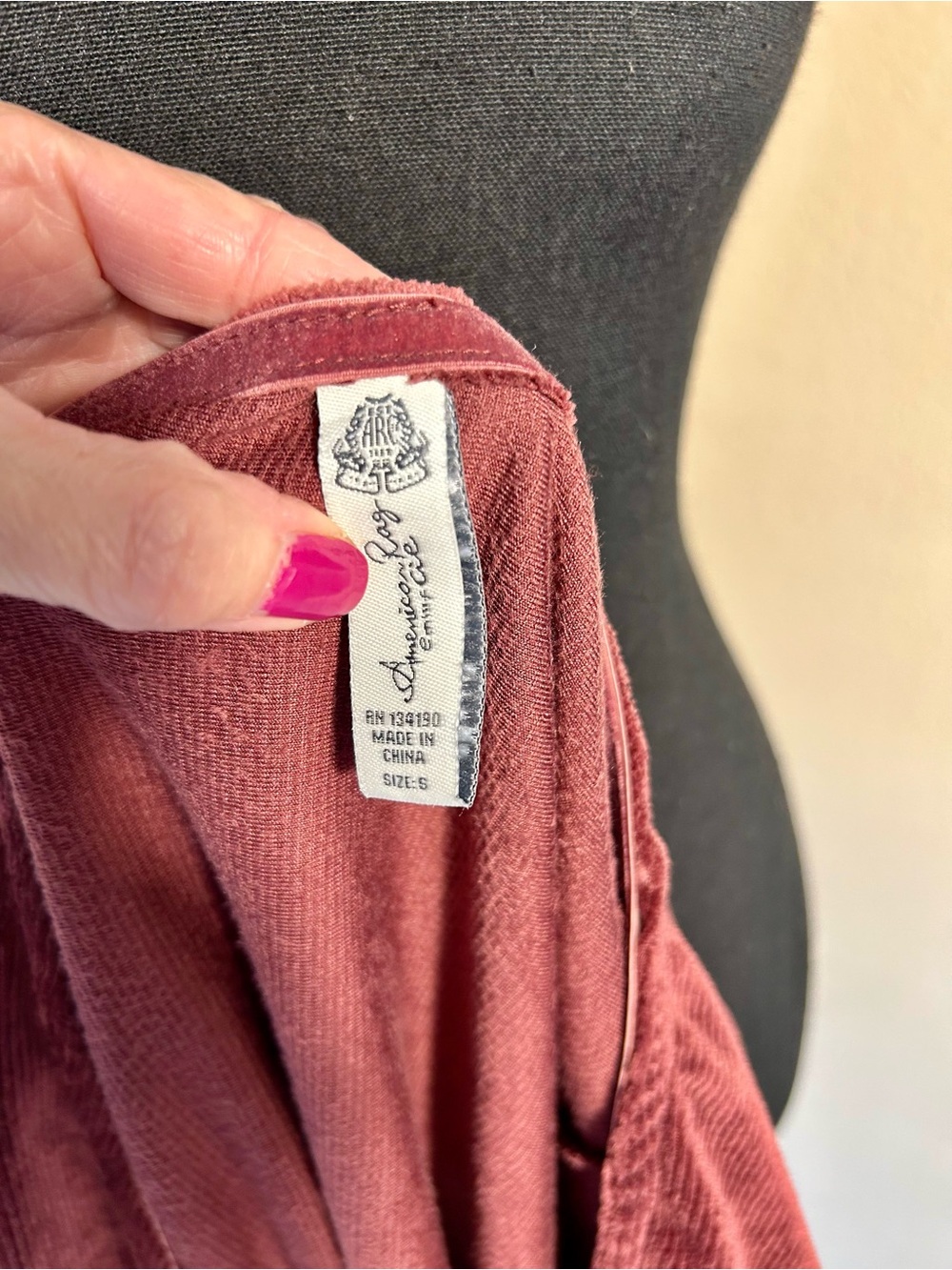American Rag Burgundy, Rose Ribbed Velour Ruched Button Front Top - Size S - Picture 9 of 9